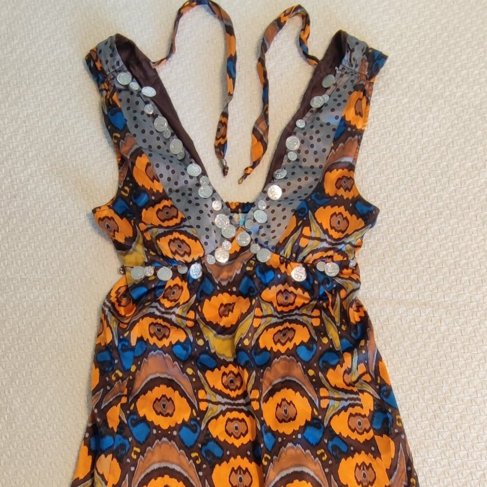 Plenty Tracy 100% Silk Geometric Coin Embellished Dress Size 4 Orange Gray Boho - Picture 2 of 6